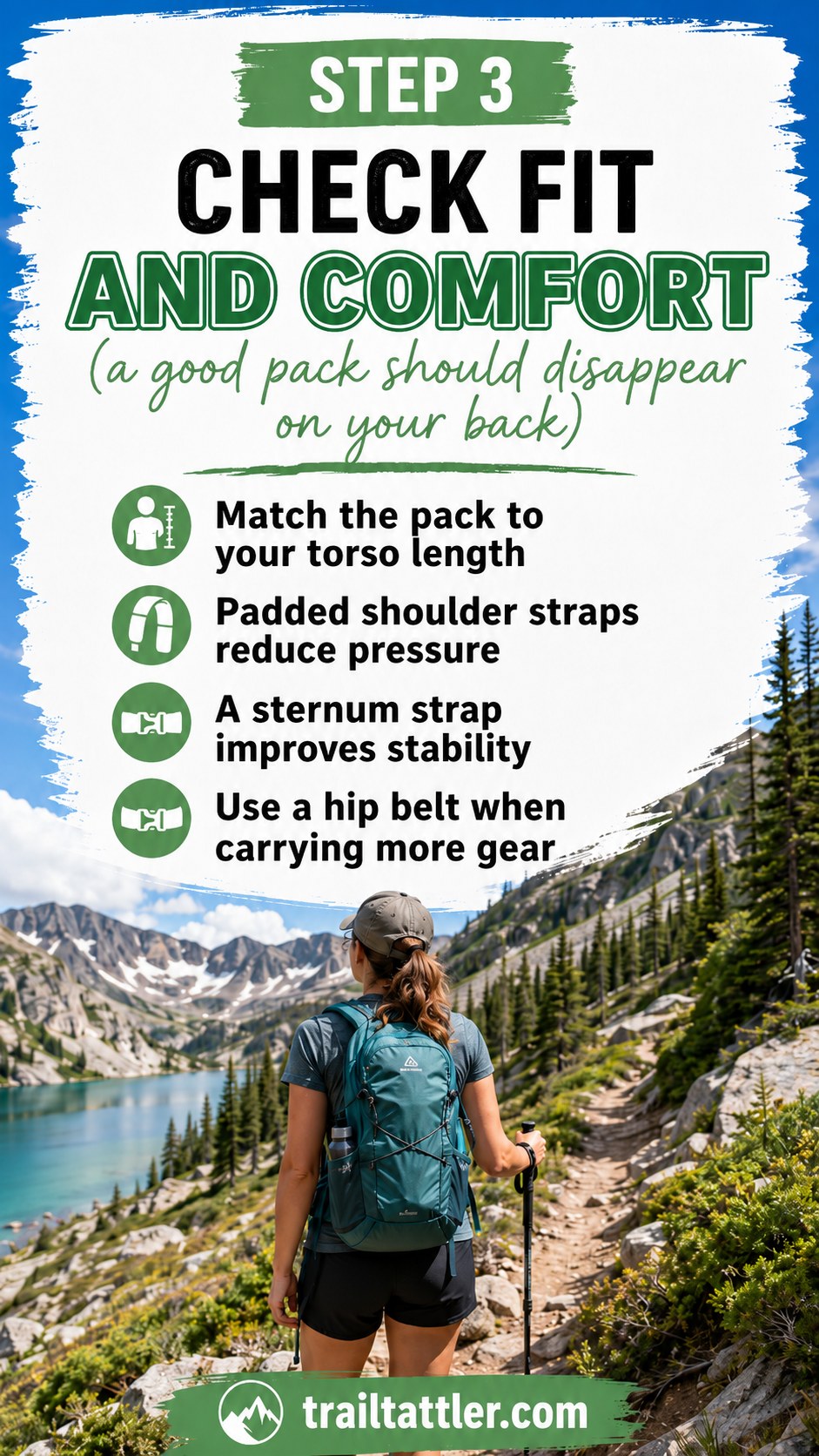 Close view of a well-fitted lightweight day hiking backpack with sternum strap and hip belt