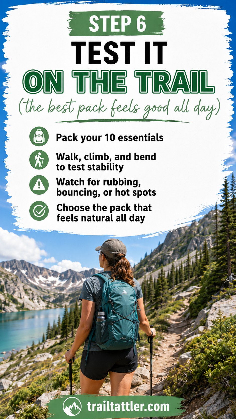 Hiker field-testing a lightweight day hiking backpack loaded with the Ten Essentials