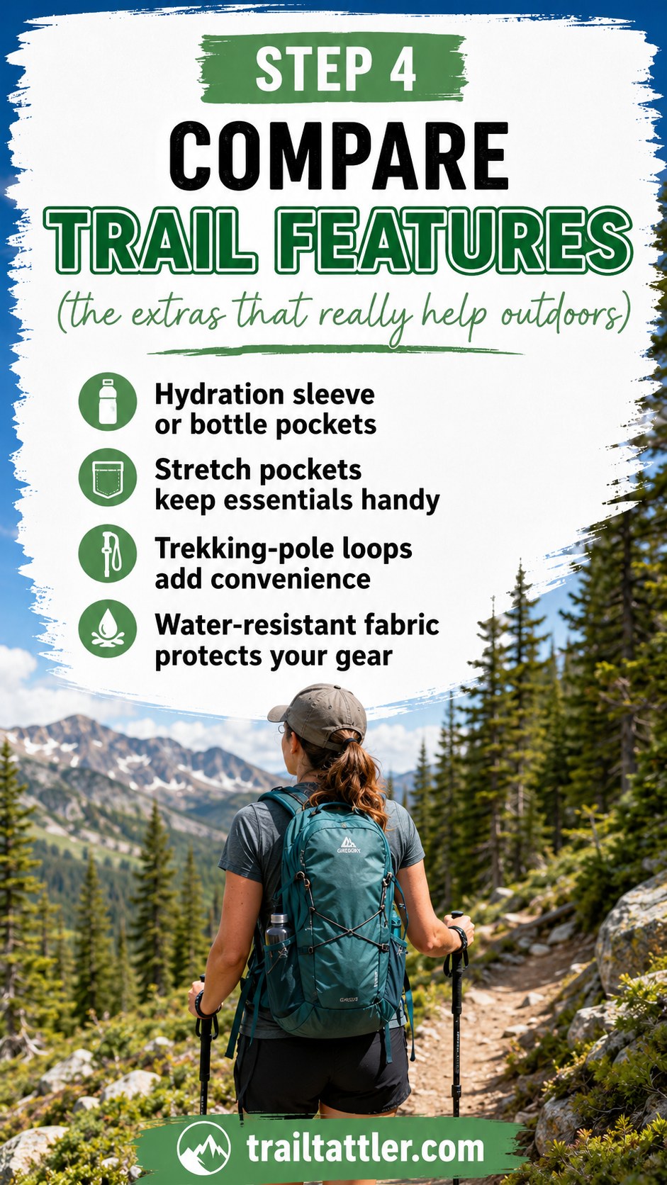 Lightweight day hiking backpack with bottle pockets and trekking-pole loops on a mountain trail