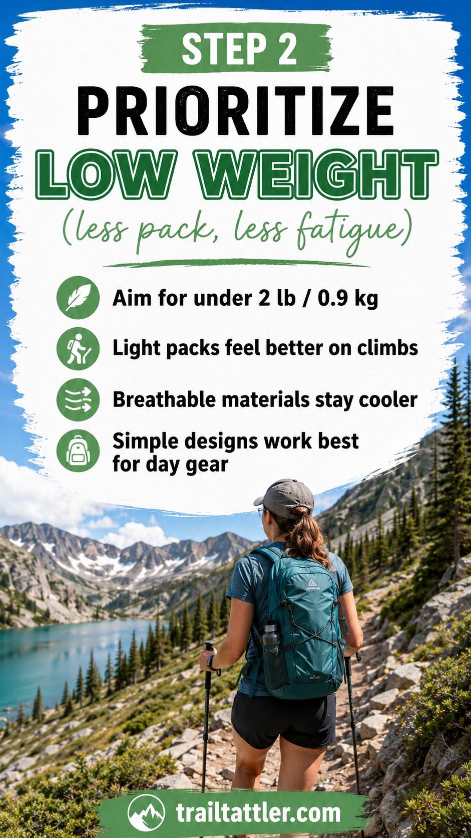 Hiker climbing a rocky trail with an ultralight day hiking backpack under 2 pounds