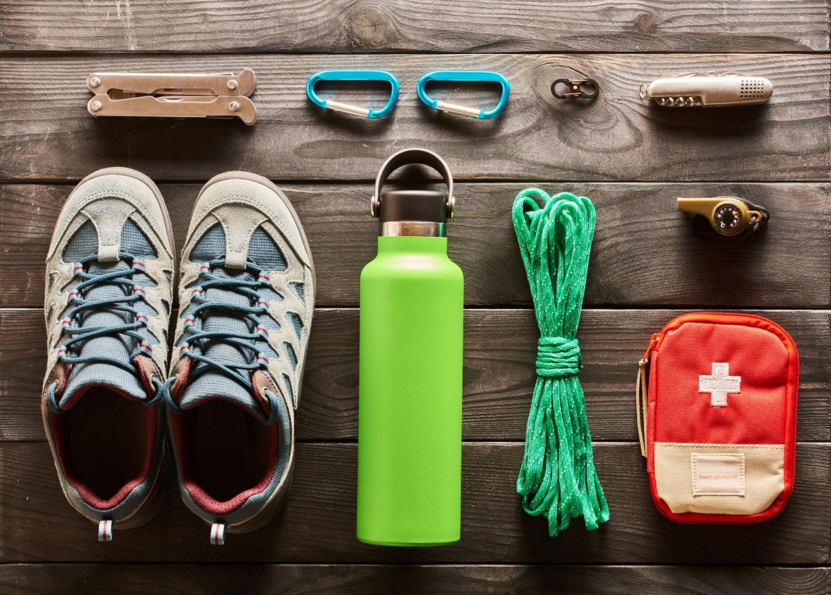 Small hiking accessories organized in pouches