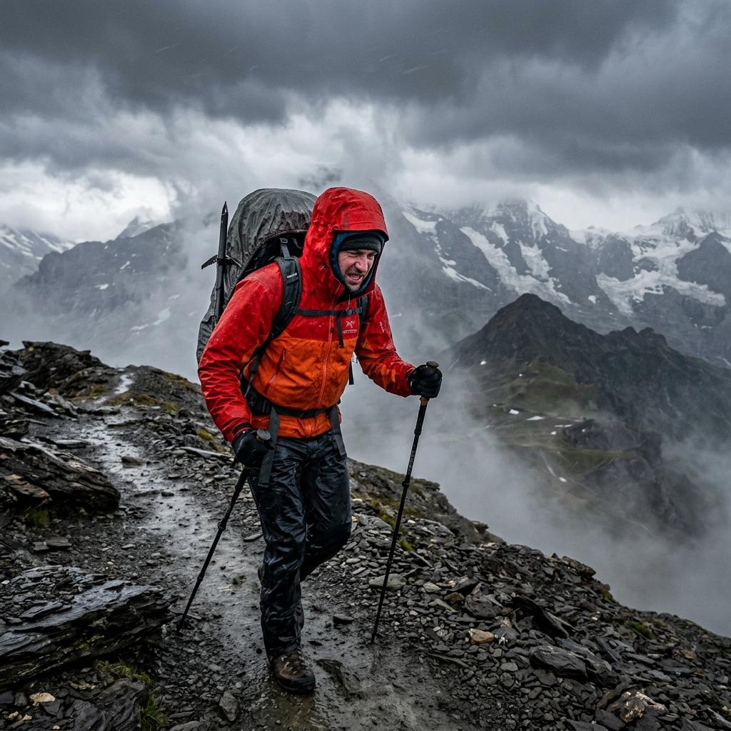 Backpacker in changing weather