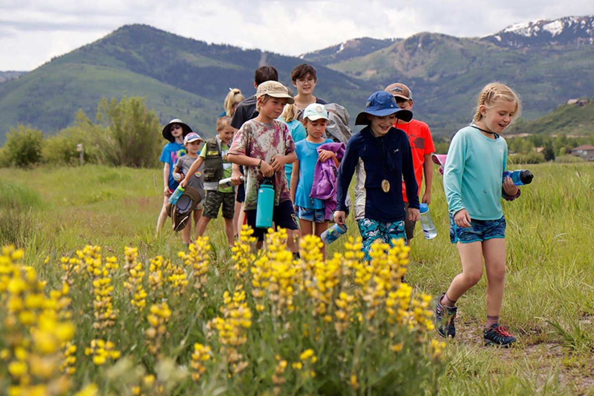 Children hiking through a scenic meadow