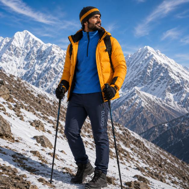 Winter hiker wearing fleece insulation layer