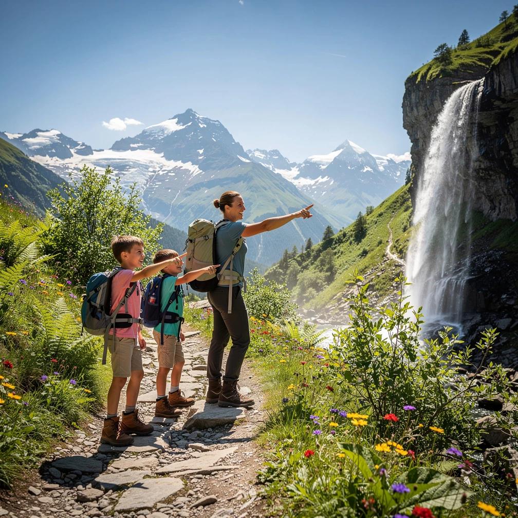 Family hiking mountain waterfall trail