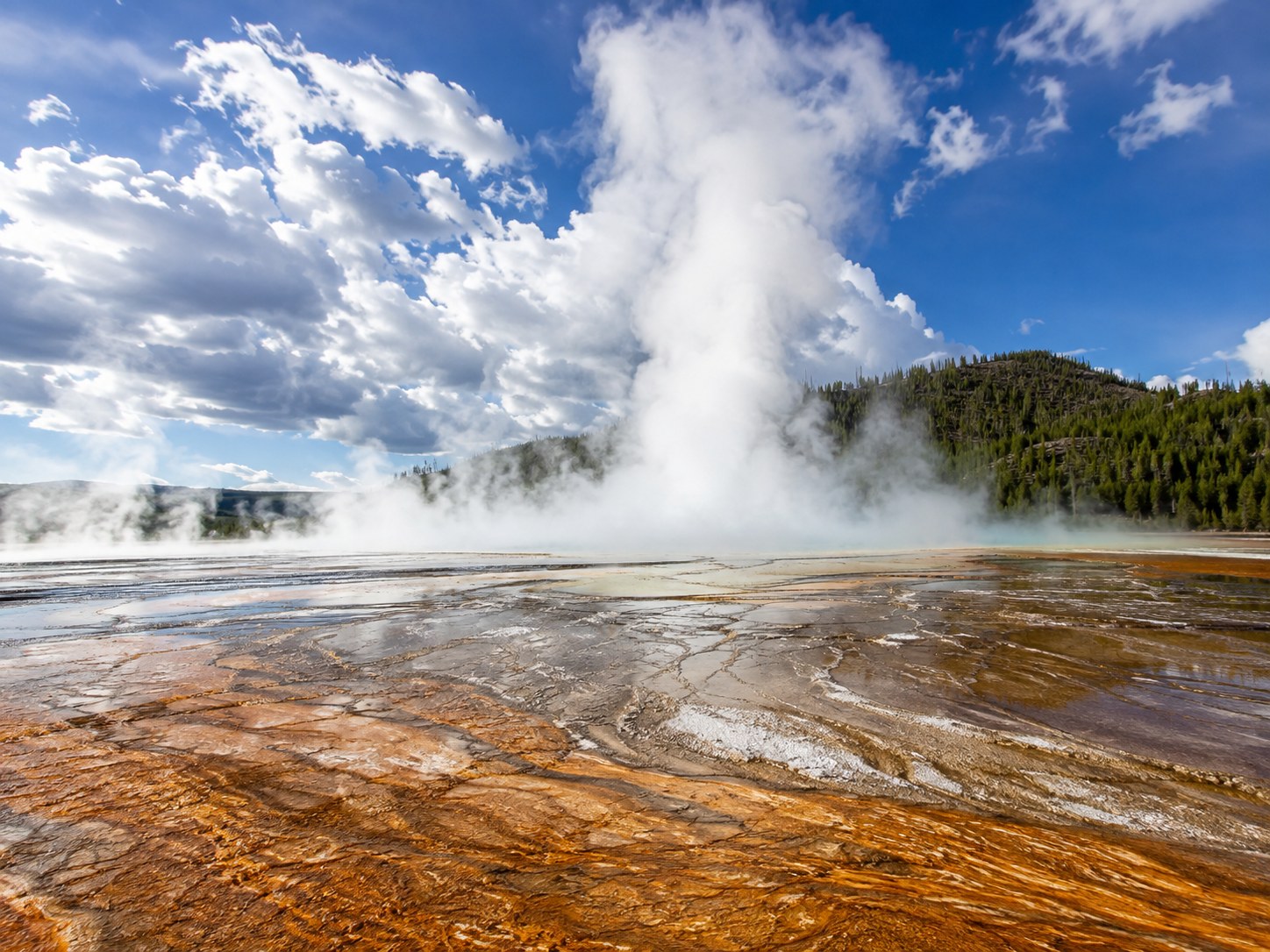 Grand Prismatic Spring steaming in the Midway Geyser Basin of Yellowstone National Park, Wyoming
