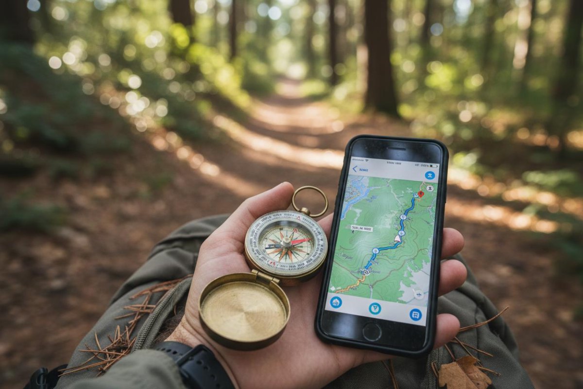 Hiker using compass and GPS