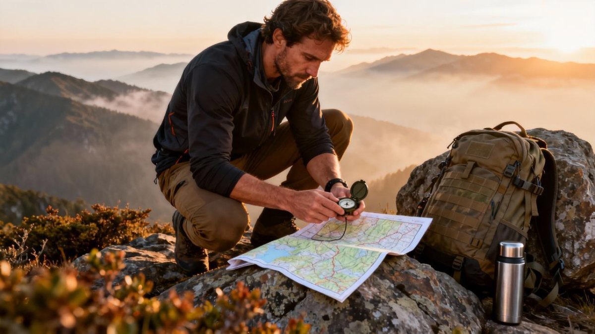Hiker using map and compass