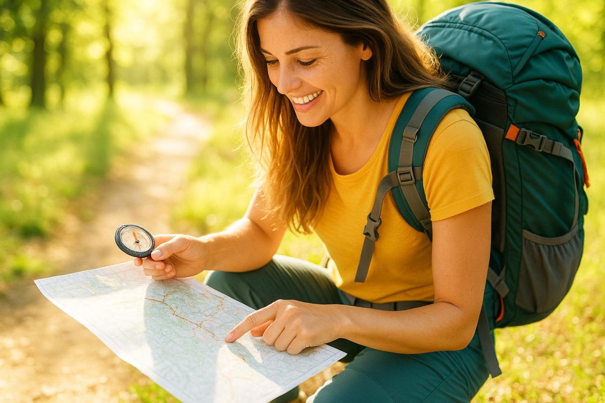 Woman using map and compass outdoors