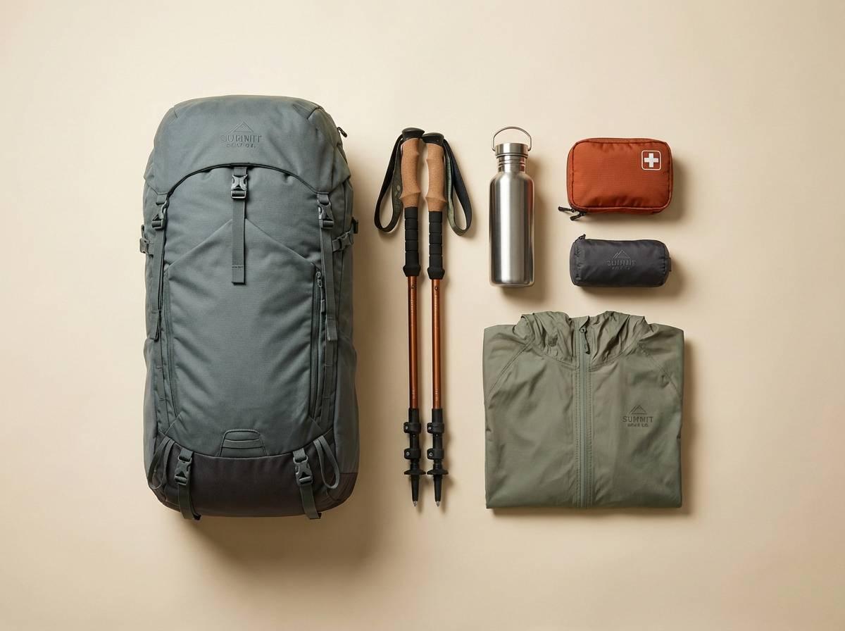 Backpacking gear laid out outdoors