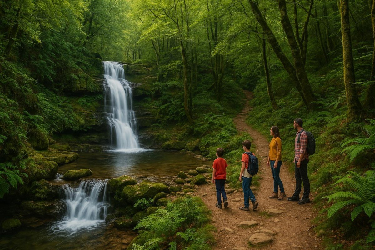 Family enjoying peaceful waterfall nature trail