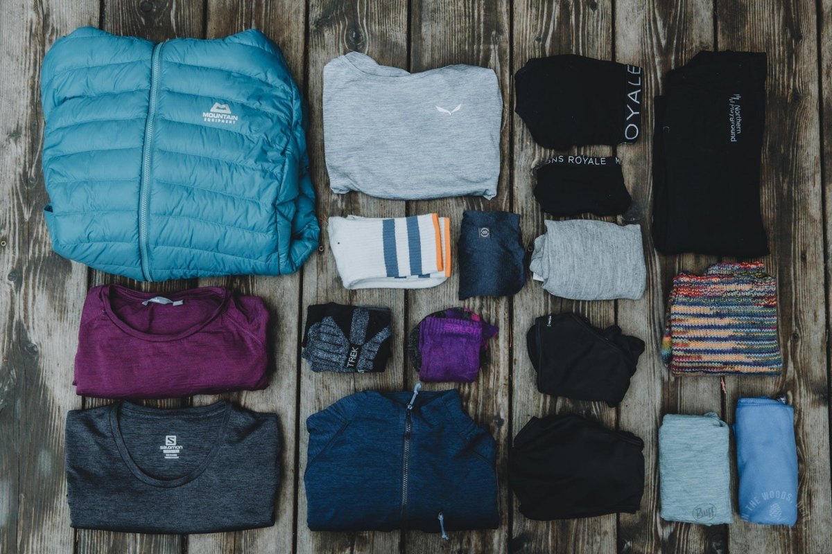 Hiking clothing layers arranged
