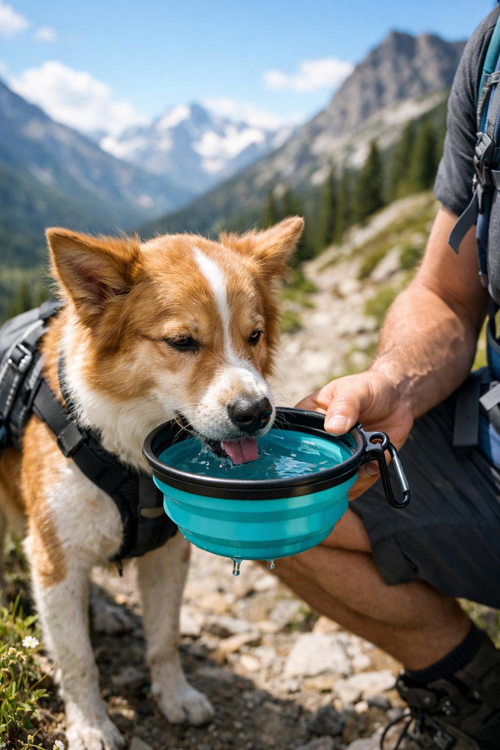 Dog drinking from portable hiking bowl