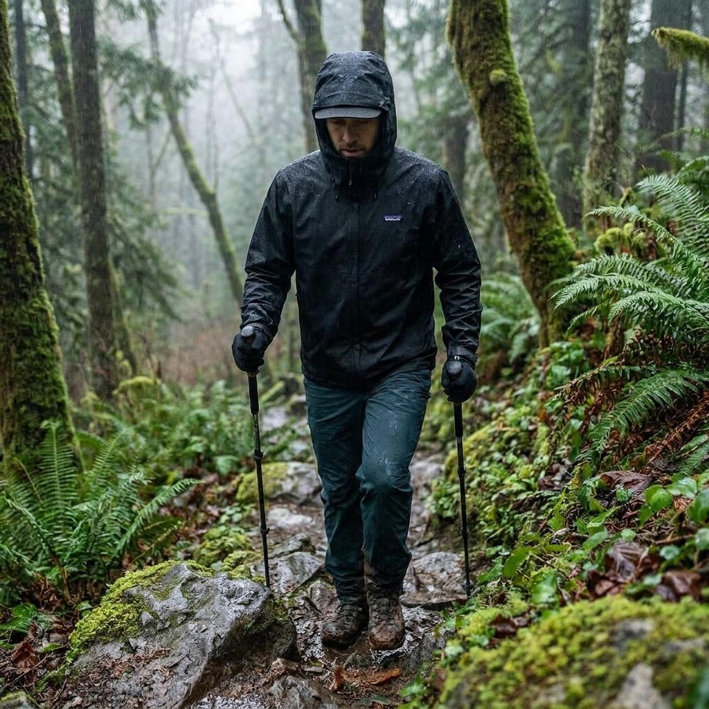 Hiker wearing rain jacket