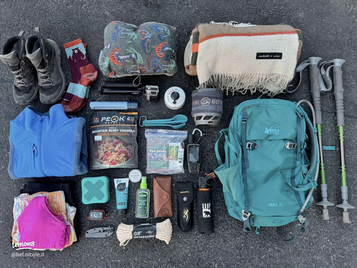 Modern organized hiking gear setup
