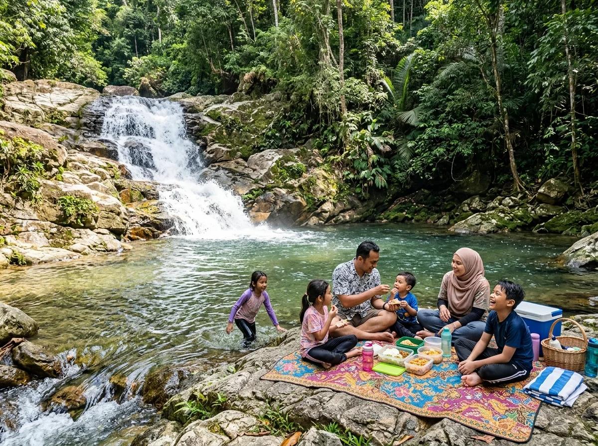 Family picnic beside scenic waterfall