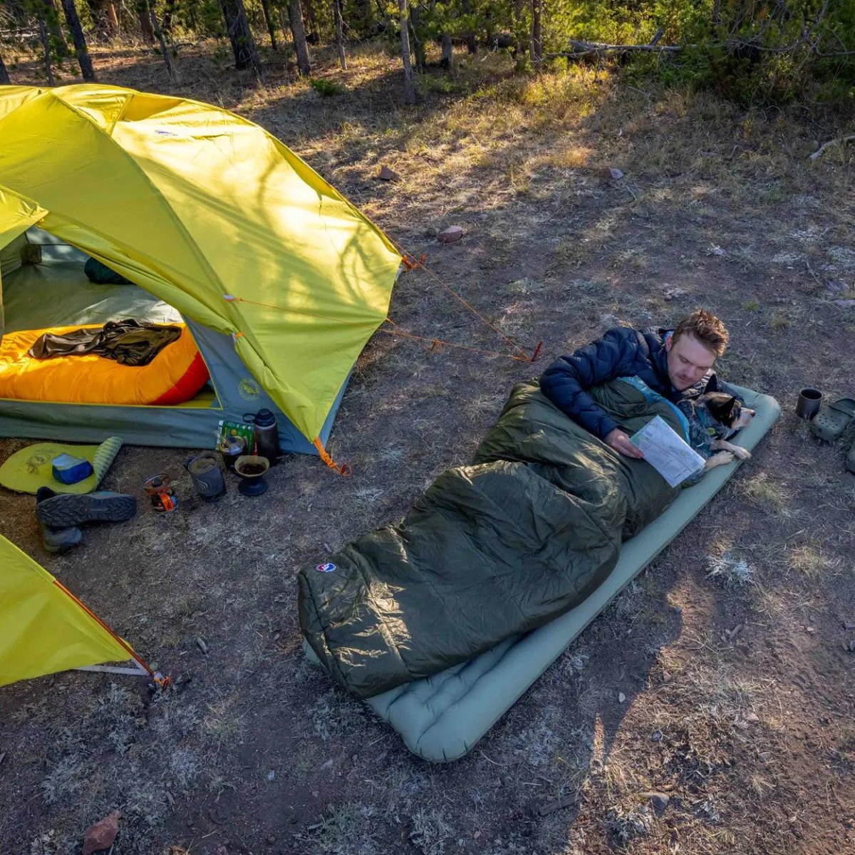 Sleeping bag and pad camping setup
