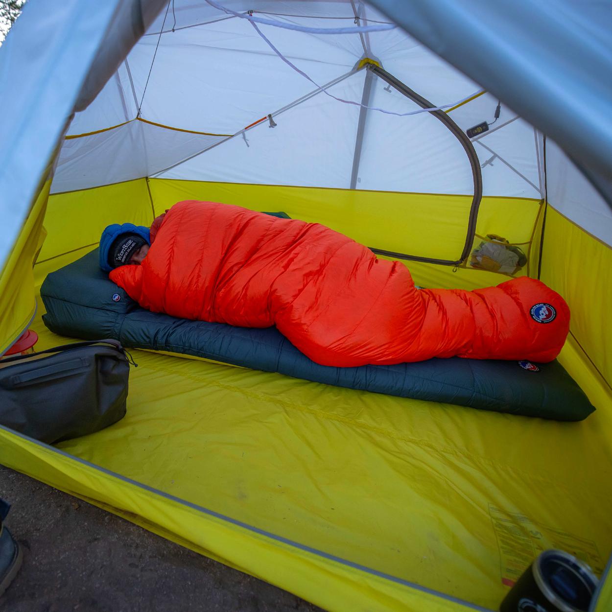 Sleeping bag inside backpacking tent