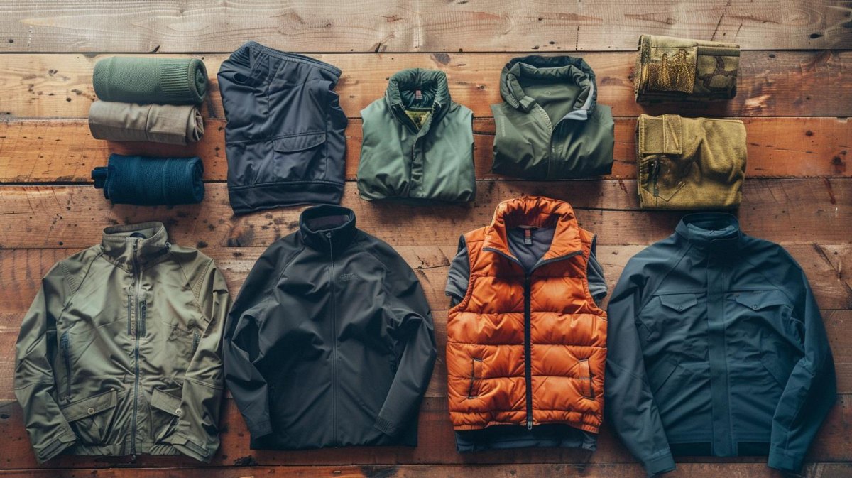 Hiking clothes organized by clothing layers