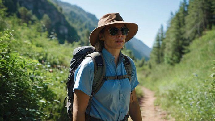 Woman hiker wearing hat and sunglasses