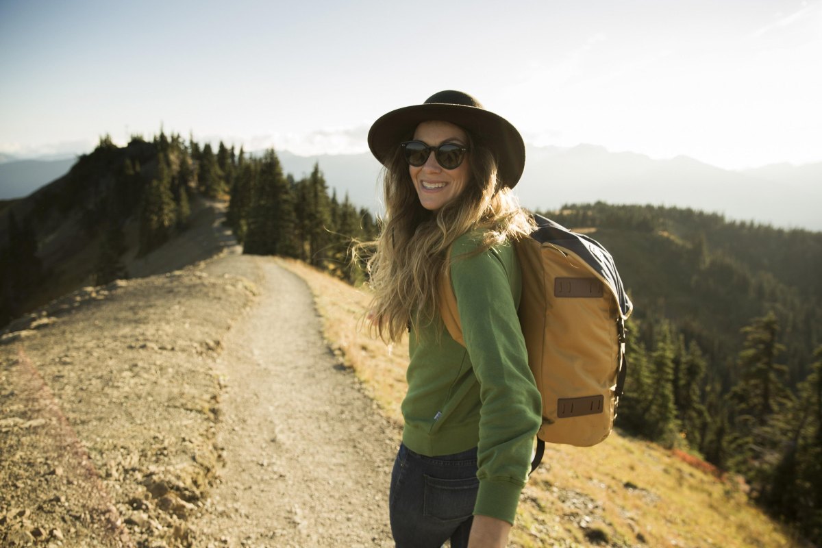 Woman hiker wearing hat and sunglasses
