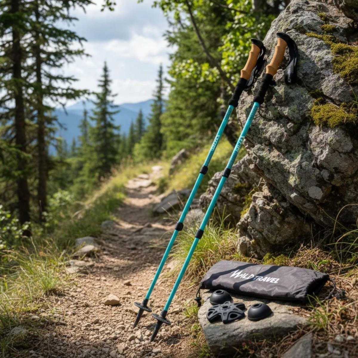 Trekking poles on hiking trail