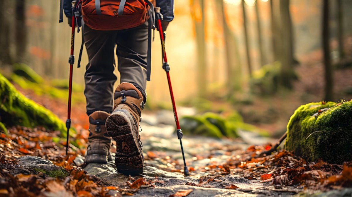 Trekking poles on autumn trail