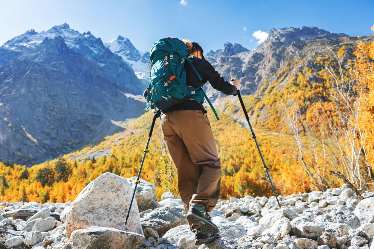 Trekking poles on autumn mountain path