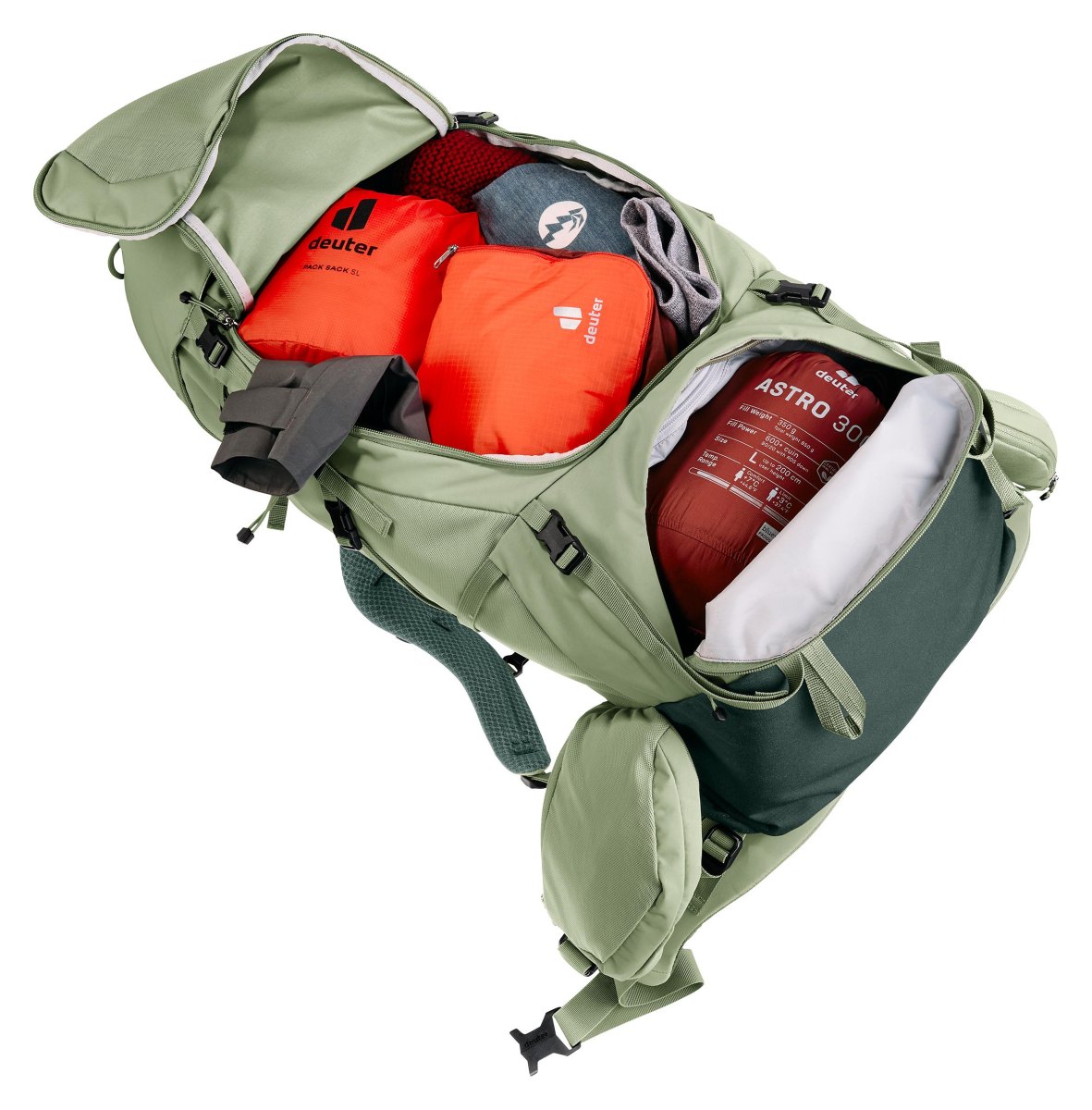 Dry bags and cubes inside hiking backpack