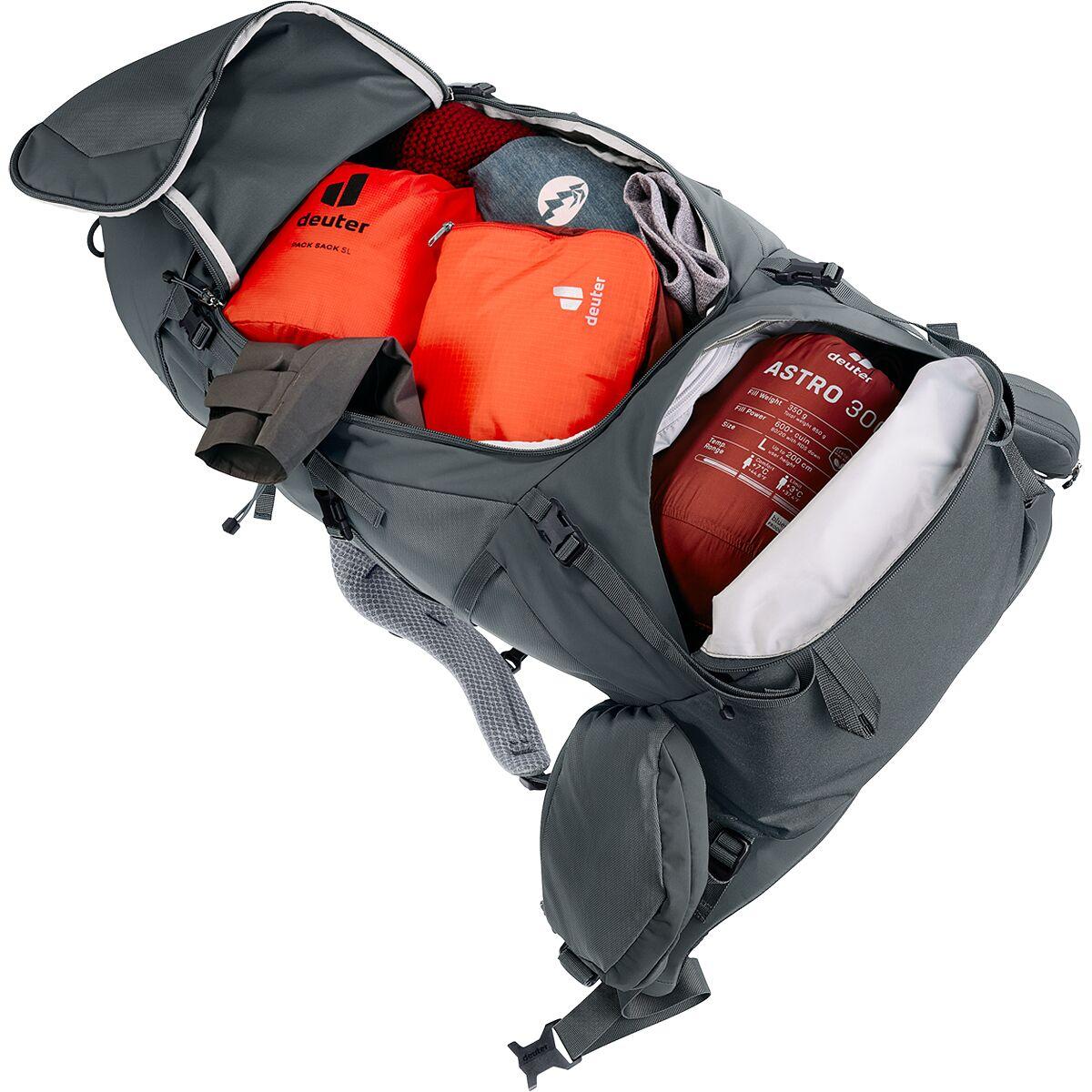 Open hiking backpack showing organized outdoor storage compartments