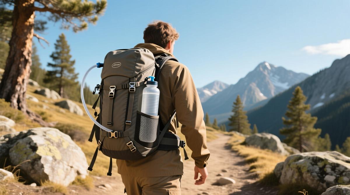 Water bottle in hiking backpack