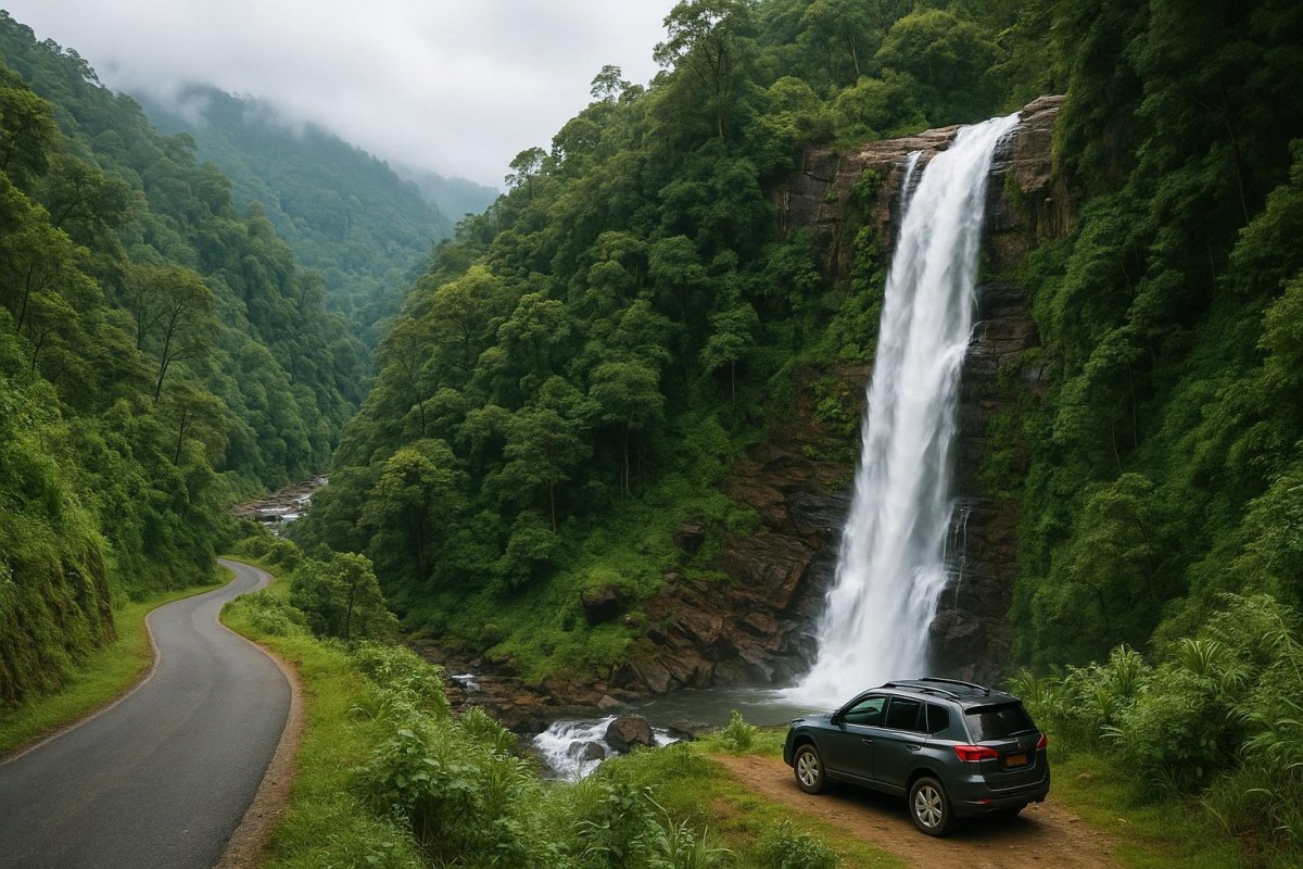 Couple exploring a waterfall cave hiking destination