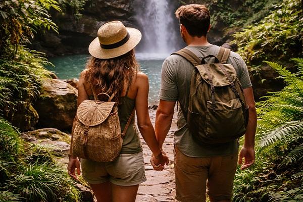 Couple exploring a waterfall cave hiking destination