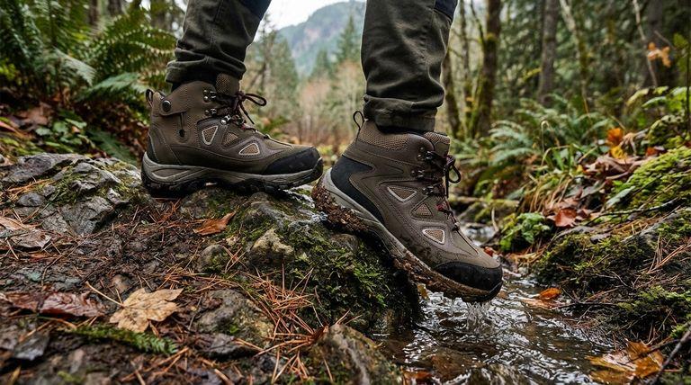Waterproof boots on fall trail