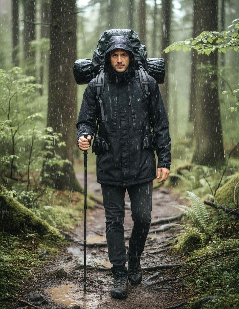 Waterproof jacket on rainy fall hike