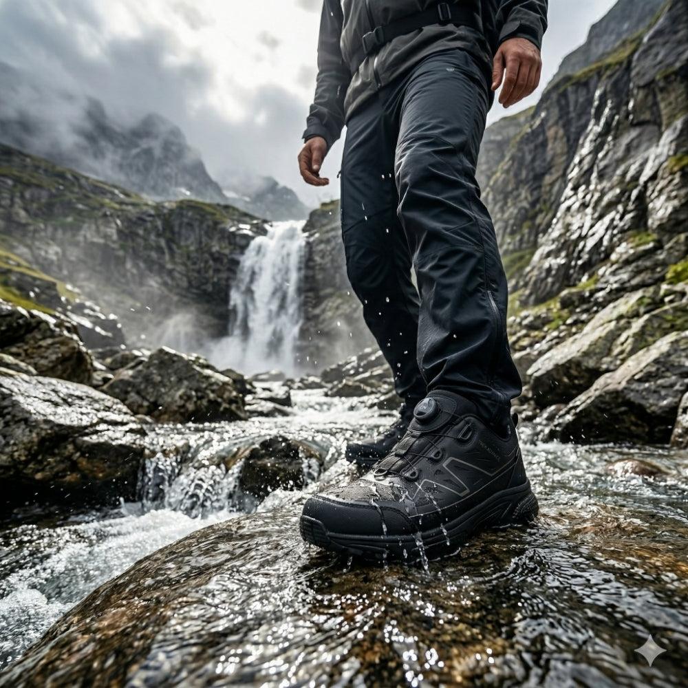 Waterproof hiking shoes on wet rocks