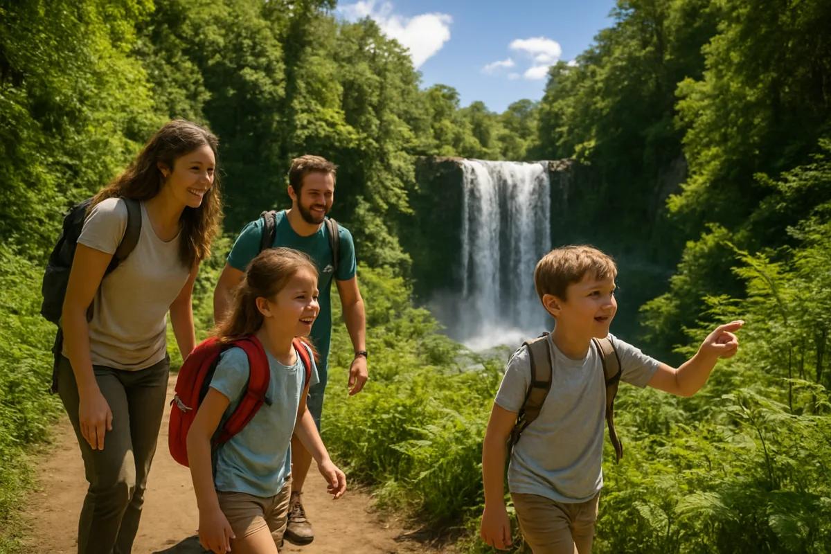 Family observing nature near waterfall
