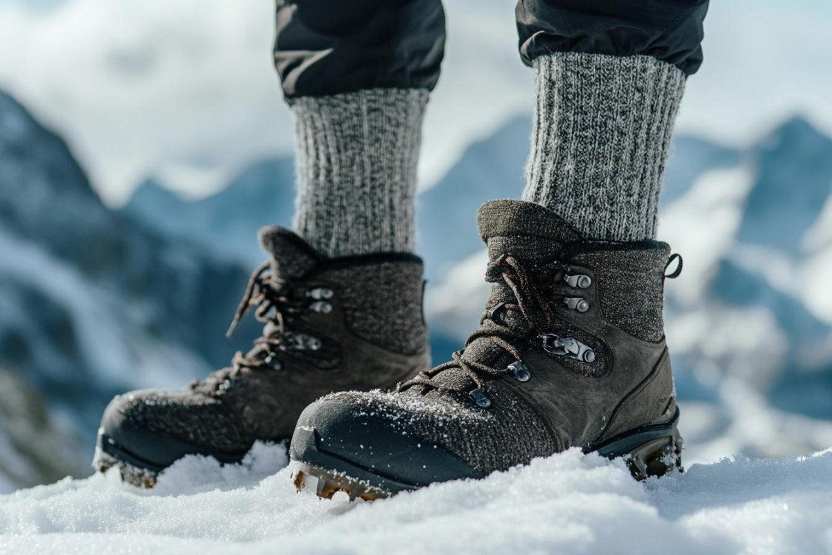 Winter hiking boots and wool socks